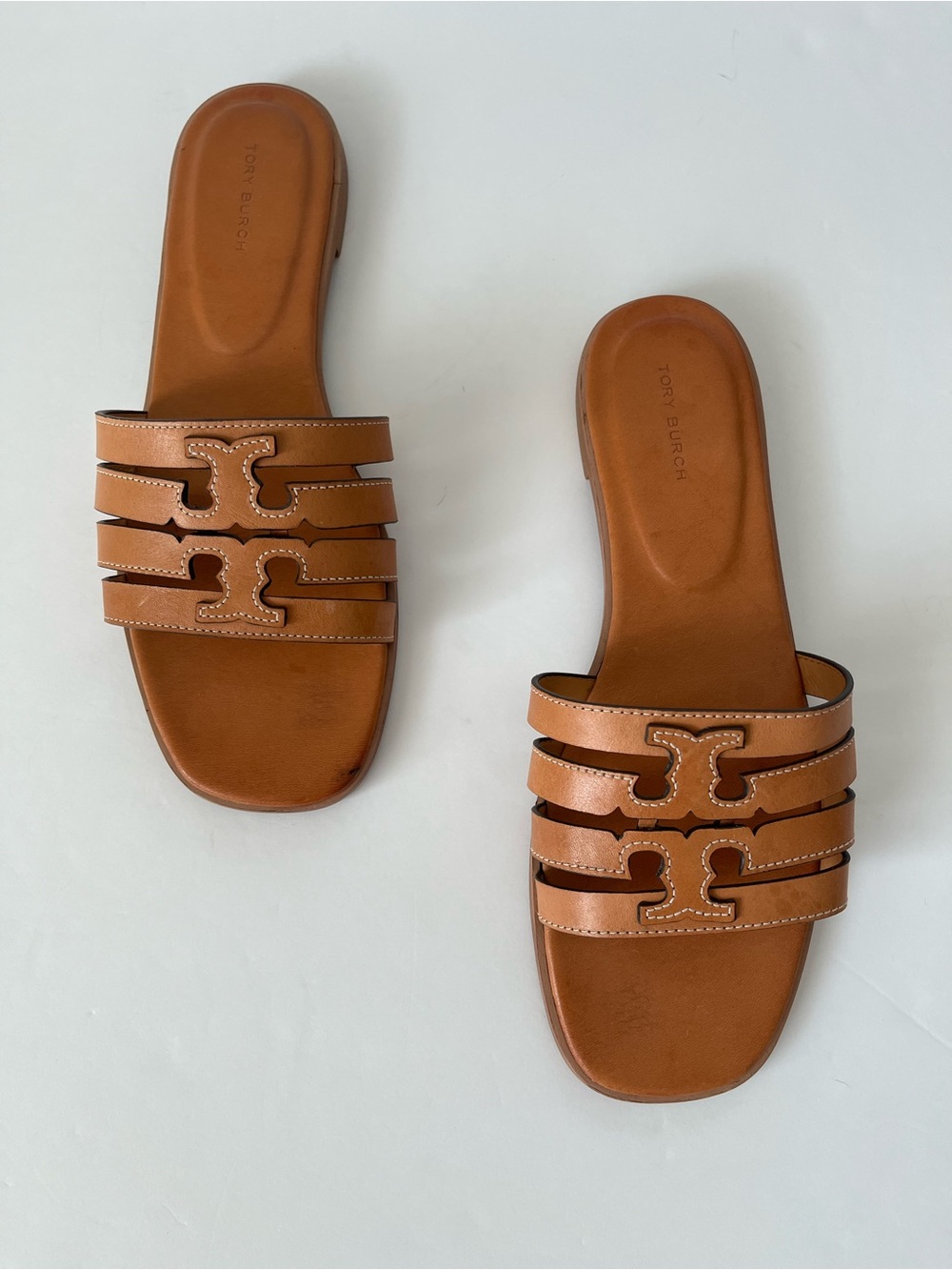 Tory Burch Ines Cage Slide Sandals Camello Tan Leather Colorway Size 9